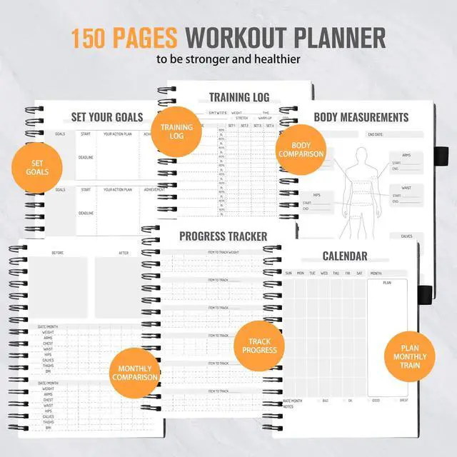 Alt view image 7 of 7 - Workout Journal for Men & Women, Workout Planner with Monthly Calendar, ( 8.3" x 6") Grayish-black Texture Hardcover Workout Log Book Track Training, Diet, Progress, Achieve Wellness Goals, Perfect