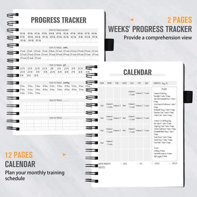 Alt view image 6 of 7 - Workout Journal for Men & Women, Workout Planner with Monthly Calendar, ( 8.3" x 6") Grayish-black Texture Hardcover Workout Log Book Track Training, Diet, Progress, Achieve Wellness Goals, Perfect