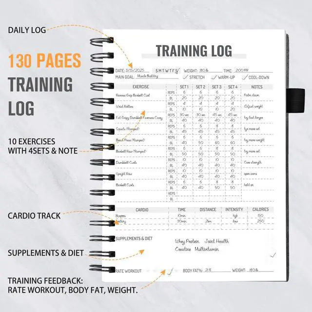 Alt view image 4 of 7 - Workout Journal for Men & Women, Workout Planner with Monthly Calendar, ( 8.3" x 6") Grayish-black Texture Hardcover Workout Log Book Track Training, Diet, Progress, Achieve Wellness Goals, Perfect