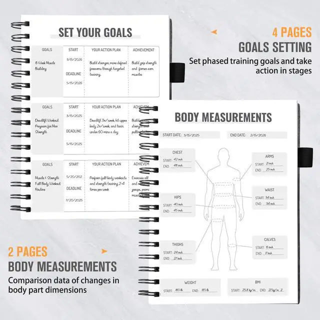 Alt view image 5 of 7 - Workout Journal for Men & Women, Workout Planner with Monthly Calendar, ( 8.3" x 6") Grayish-black Texture Hardcover Workout Log Book Track Training, Diet, Progress, Achieve Wellness Goals, Perfect