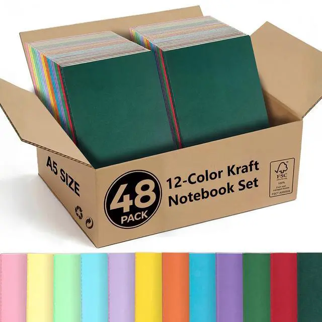 Main image of 48 Pack A5 Lined Notebooks Ruled Journal Bulk, 4 Sets of 12 Colors, 7mm Ruled, 230g Thick Kraft Cover, 60 Pages, 8.3x5.5 Softcover Stitch Bound, Bulk Corporate & Event Supply