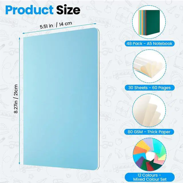 Alt view image 2 of 7 - 48 Pack A5 Lined Notebooks Ruled Journal Bulk, 4 Sets of 12 Colors, 7mm Ruled, 230g Thick Kraft Cover, 60 Pages, 8.3x5.5 Softcover Stitch Bound, Bulk Corporate & Event Supply