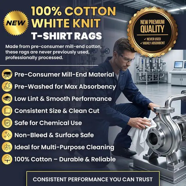 Alt view image 2 of 7 - Premium New White Cotton Knit T-Shirt Rags (10 lbs. Box of Rags) - Lint-Free, Soft & Absorbent Cleaning Cloths for Auto, Paint, Garage, Staining & Polishing