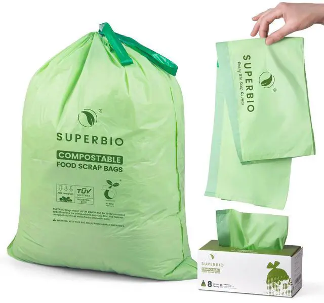 Main image of 8 Gallon Compostable Drawstring Kitchen Waste Bags,30.3 Liter, 30 Count, 1 Mil,Heavy Duty Food Waste Bags, BPI, Seedling and OK compost INDUSTRIAL