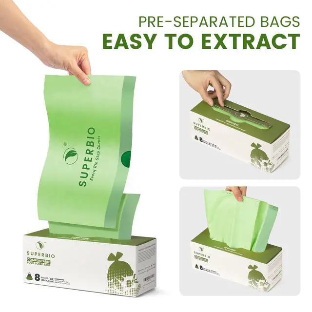 Alt view image 3 of 7 - 8 Gallon Compostable Drawstring Kitchen Waste Bags,30.3 Liter, 30 Count, 1 Mil,Heavy Duty Food Waste Bags, BPI, Seedling and OK compost INDUSTRIAL