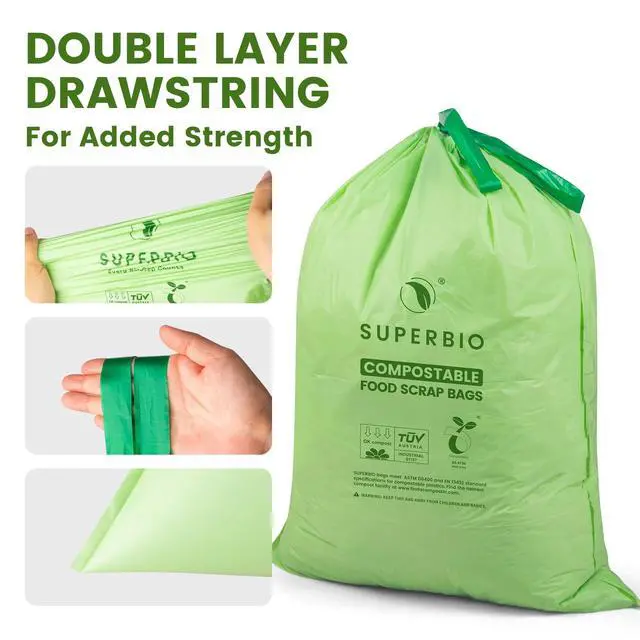 Alt view image 6 of 7 - 8 Gallon Compostable Drawstring Kitchen Waste Bags,30.3 Liter, 30 Count, 1 Mil,Heavy Duty Food Waste Bags, BPI, Seedling and OK compost INDUSTRIAL