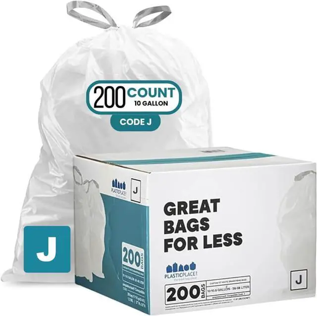 Main image of Custom Fit Trash Bags Compatible with Simplehuman Code J - 10-10.5 Gallon Drawstring Garbage Bags, Tear-Resistant, 200 Count White Trash Can Liners for Kitchens, Bathrooms & Offices