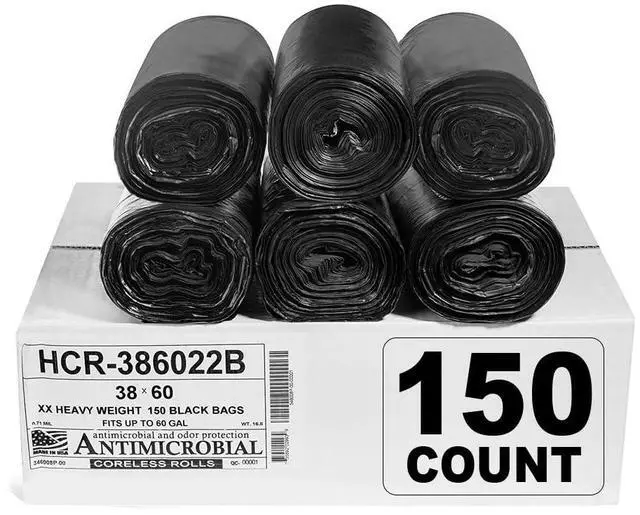 Main image of High Density Trash Bags, 60 Gallon, 150 Count, 22 Micron (eq), 38" x 60", Black, for Bathroom, Office, Industrial, Commercial, Janitorial, Municipal, Recycling
