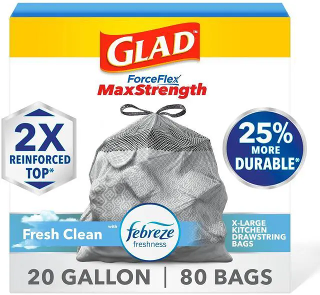 Main image of ForceFlex MaxStrength Kitchen Trash Bags, Rip and Tear Resistant, Fresh Clean Scented Large Garbage Bags, Odor Control, Febreze Freshness, 20 Gallon Trash Bags, 80 Count