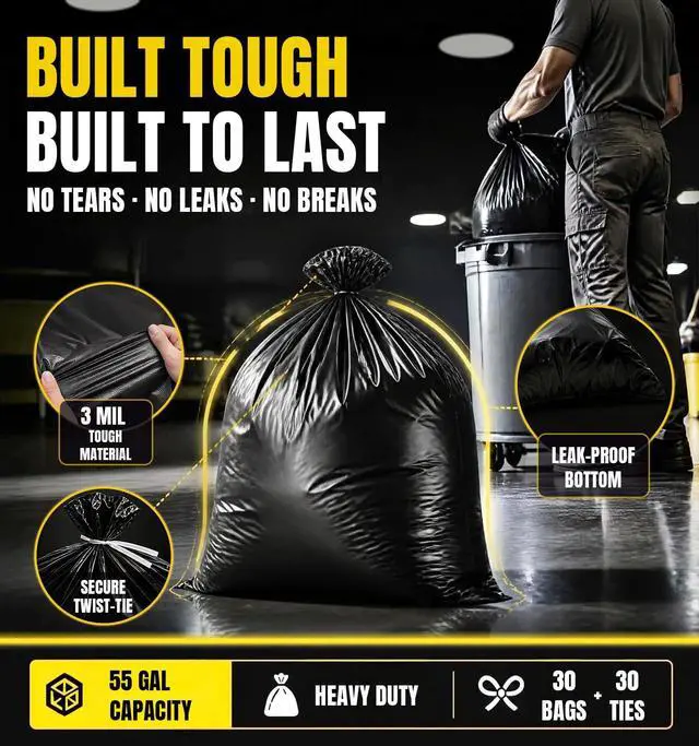 Alt view image 4 of 7 - 55 Gallon Contractor Garbage Bags Heavy Duty,3 Mil,30 Count,Black