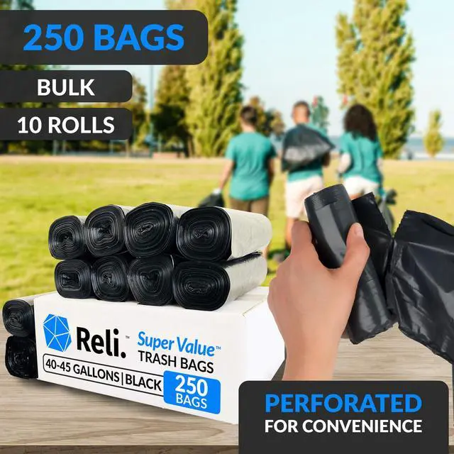 Alt view image 3 of 7 - 40 to 45 Gallon Trash Bags Heavy Duty | 250 Trash Bags with Ties | Super Sizeable, Black, Serious Garbage Cleanup