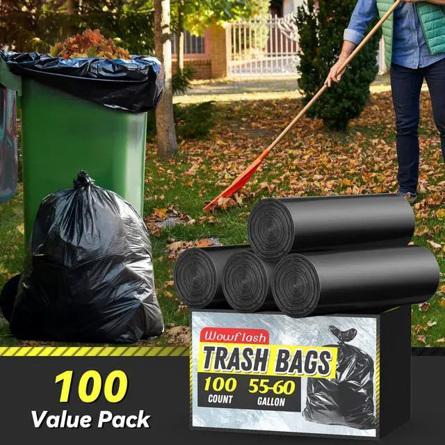 Alt view image 2 of 7 - 100 Count 55-60 Gallon Trash Bags, Sturdy & Tear-Resistant Commercial Can Liners 55 Gallon, Large Garbage Bags, Large Black Trash Bags for Commercial, Lawn and Leaf Bags