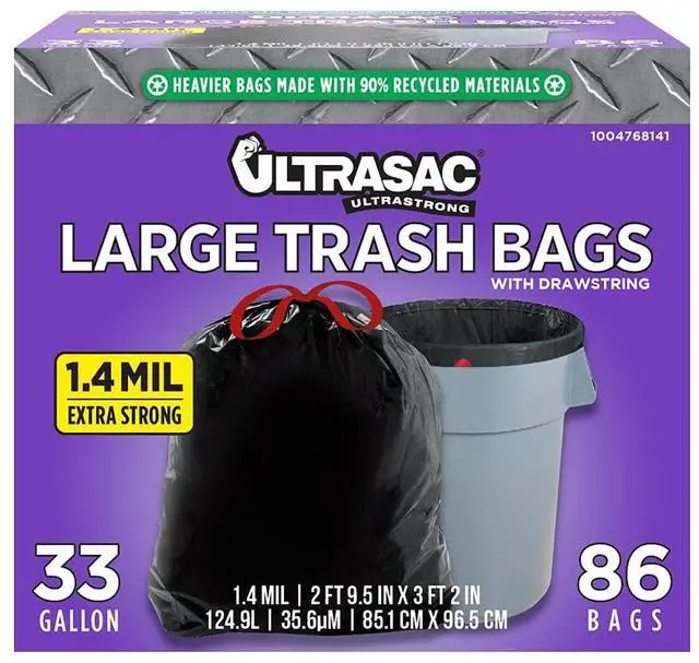 Main image of Black Heavy Duty Drawstring Trash Bags 33 Gallon, Pack of 86