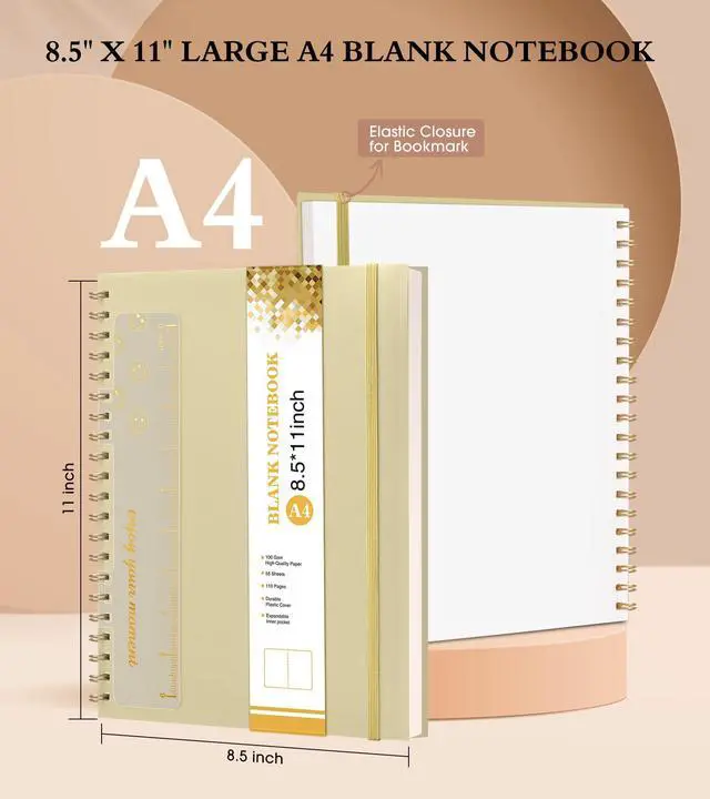 Alt view image 2 of 7 - Blank Spiral Notebook Journal 8.5 x 11, A4 Large Sketch Book for Women Men, 100 GSM Blank Paper Drawing Notebook, Plastic Hardcover Spiral Bound Sketchbook for Sketching Work School Writing, Yellow