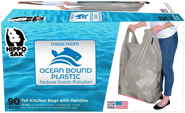Main image of Tall Kitchen Garbage Bags with Ergonomic Handles - 13 Gallon Trash Bags Made from Recycled Ocean Bound Plastic - Super Strong and Leak Proof Tall Kitchen Trash Bags (90 Count)