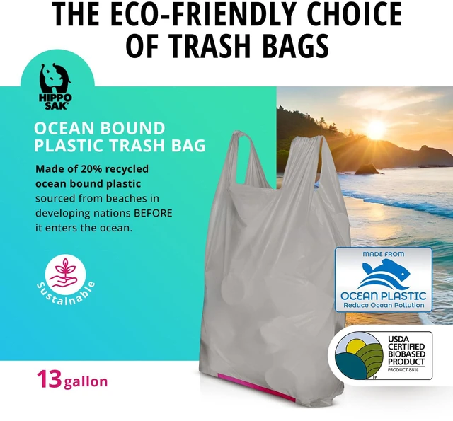 Alt view image 2 of 7 - Tall Kitchen Garbage Bags with Ergonomic Handles - 13 Gallon Trash Bags Made from Recycled Ocean Bound Plastic - Super Strong and Leak Proof Tall Kitchen Trash Bags (90 Count)