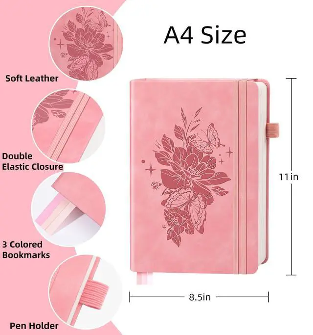 Alt view image 2 of 7 - Lined Journal Notebook 365 Pages, A4 Leather Journals for Writing Women & Men, Hardcover Notebook with 100GSM Thick Paper, Daily Journal Notebook for Travel, Work, School, Note Taking, College Ruled