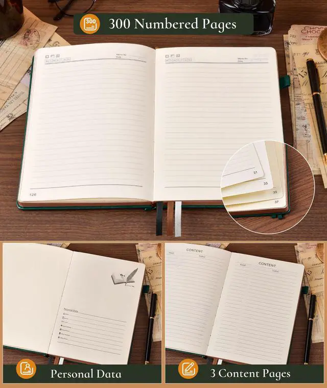 Alt view image 6 of 7 - Vintage Leather Journal with 300 Numbered Pages,A4 Lined Journal for Men Women,Daily Journals for Writing,College Ruled Notebook for Work,School,Note taking,Travel Diary,Large (8.5" X 11.3")