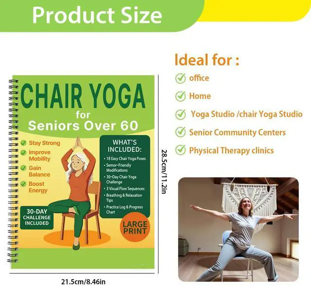 Alt view image 2 of 7 - Chair Yoga for Seniors Over 60 Book & Chart, Gentle Seated Chair Yoga Guide, 30-Day Challenge for Flexibility & Balance, A4 Size Easy to Follow Chair Yoga Routine for Older Adults