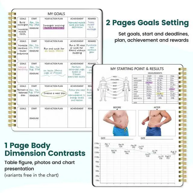 Alt view image 2 of 7 - Fitness Journal for Women & Men, Food & Workout Journal Planner Log Book with Measuring Tape, Undated Wellness Planner to Track Weight Loss, Muscle Gain, Home Gym Exercise, Daily Nutrition, 9.5" x 7"