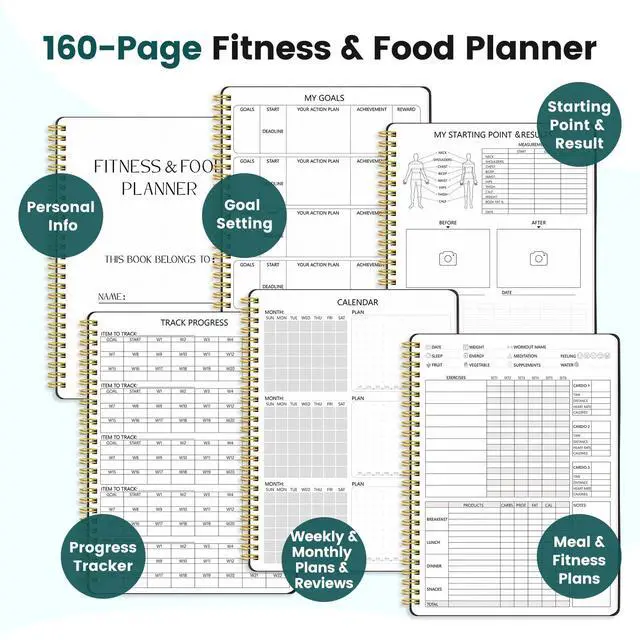 Alt view image 5 of 7 - Fitness Journal for Women & Men, Food & Workout Journal Planner Log Book with Measuring Tape, Undated Wellness Planner to Track Weight Loss, Muscle Gain, Home Gym Exercise, Daily Nutrition, 9.5" x 7"