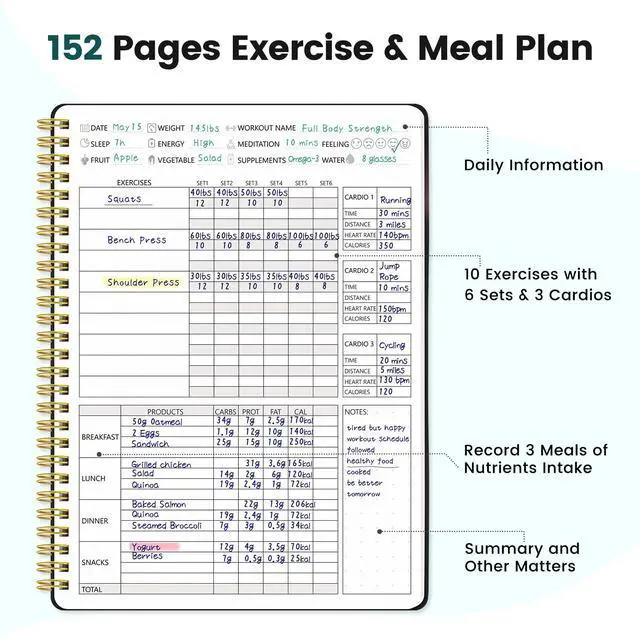 Alt view image 4 of 7 - Fitness Journal for Women & Men, Food & Workout Journal Planner Log Book with Measuring Tape, Undated Wellness Planner to Track Weight Loss, Muscle Gain, Home Gym Exercise, Daily Nutrition, 9.5" x 7"