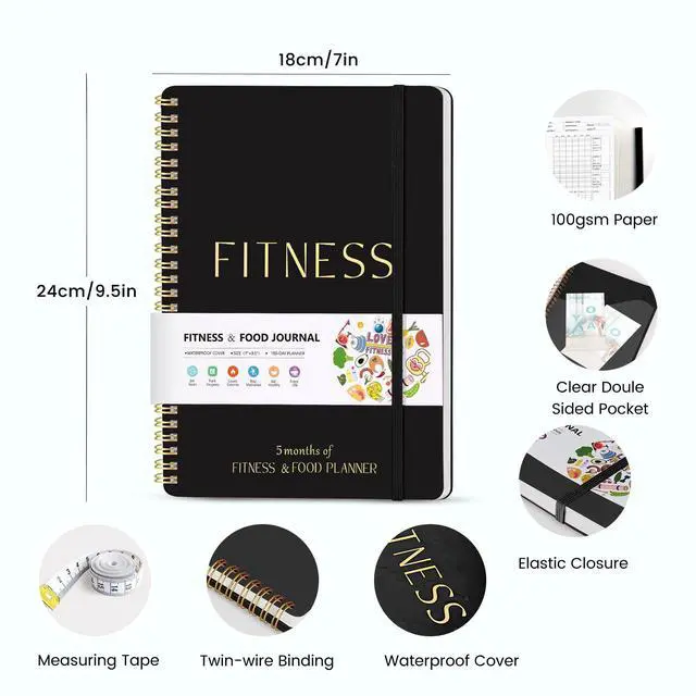 Alt view image 6 of 7 - Fitness Journal for Women & Men, Food & Workout Journal Planner Log Book with Measuring Tape, Undated Wellness Planner to Track Weight Loss, Muscle Gain, Home Gym Exercise, Daily Nutrition, 9.5" x 7"