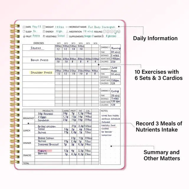 Alt view image 4 of 7 - Fitness Food Journal for Women - Workout & Wellness Planner 150-day Notebook with Measuring Tape: Undated Pink for Diet Exercise Tracker (9.5*7)