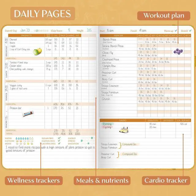 Alt view image 3 of 6 - Fitness & Food Journal Nutrition & Workout Planner with Exercise Calendar & Nutrient Tracker Gym Training & Diet Log Book for Women & Men Lasts 3 Months, 7.5'x10' (Amber Yellow)