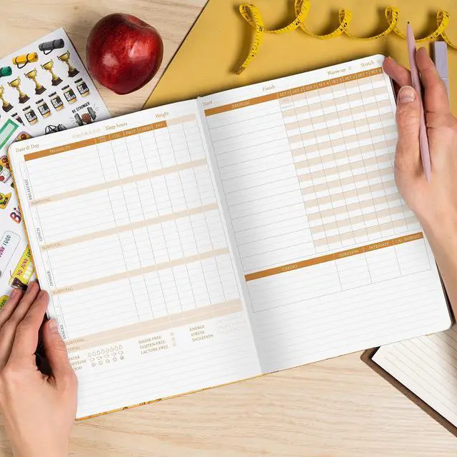 Alt view image 6 of 6 - Fitness & Food Journal Nutrition & Workout Planner with Exercise Calendar & Nutrient Tracker Gym Training & Diet Log Book for Women & Men Lasts 3 Months, 7.5'x10' (Amber Yellow)