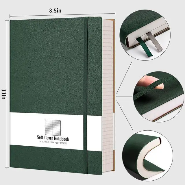 Alt view image 2 of 7 - Large A4 Notebook College Ruled - 320 Pages Thick Journal for Women and Men, 8.5''×11'', 100gsm Thick Lined Paper, Leather Softcover, for Writing Work School - Green