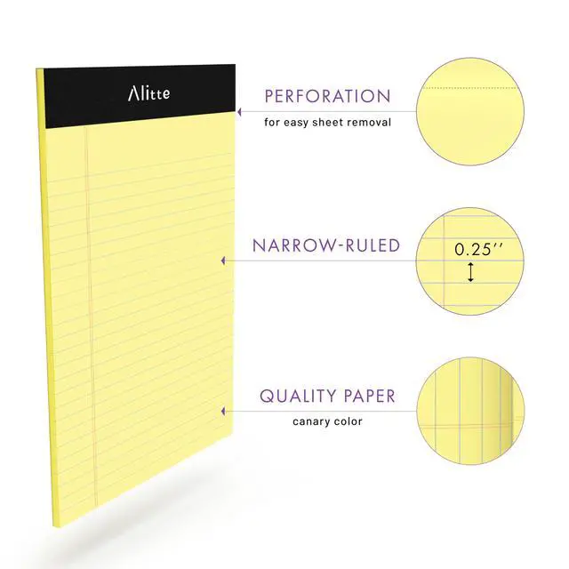 Alt view image 2 of 6 - Yellow Legal Notepads 5x8, Pack of 6 - Perforated Narrow Ruled Writing Pad - Premium Thick Paper, No Ink Bleeding - Blank Legal Pads For Home, Office, School, Business - 50 Sheets Per Notebook