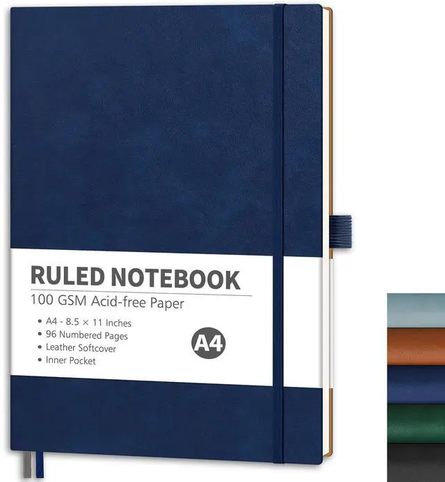 Main image of Lined Journal Notebook, 96 Numbered Pages, A4 Large Size (8.5'' x 11''), for Men & Women, Journaling, Writing, Work & Office, Leather Softcover, 100 GSM Thick Paper (Navy Blue)