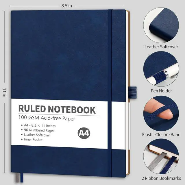 Alt view image 2 of 7 - Lined Journal Notebook, 96 Numbered Pages, A4 Large Size (8.5'' x 11''), for Men & Women, Journaling, Writing, Work & Office, Leather Softcover, 100 GSM Thick Paper (Navy Blue)