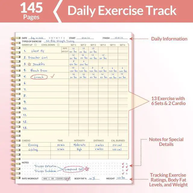Alt view image 2 of 7 - Fitness Journal Workout Planner for Women & Men, A4 (8.5" x 11") Workout Journal Log Book Planner Gift for Track Gym Essentials, Home Workouts, Track Progress, Achieve Wellness Goals, Pink