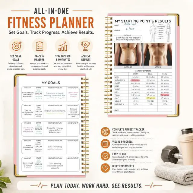 Alt view image 6 of 7 - Fitness Planner Workout Journal, Undated Gym Workout Log Book 6 x 8.2 Inch, Hardcover with Metal Corners Exercise Notebook for Men Women Weight Loss Body Building Home Gym