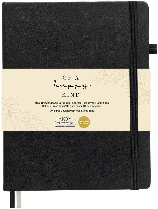 Main image of Classic Lined Journal Notebook 8.5x11" A4 Hardcover Leather - Black - 200 Pages College Ruled Large with Sticky Tabs, Pockets, and Pen Loop for Writing and Journaling - Big Hardback Men and Women