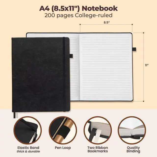 Alt view image 3 of 7 - Classic Lined Journal Notebook 8.5x11" A4 Hardcover Leather - Black - 200 Pages College Ruled Large with Sticky Tabs, Pockets, and Pen Loop for Writing and Journaling - Big Hardback Men and Women