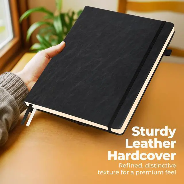 Alt view image 4 of 7 - Classic Lined Journal Notebook 8.5x11" A4 Hardcover Leather - Black - 200 Pages College Ruled Large with Sticky Tabs, Pockets, and Pen Loop for Writing and Journaling - Big Hardback Men and Women