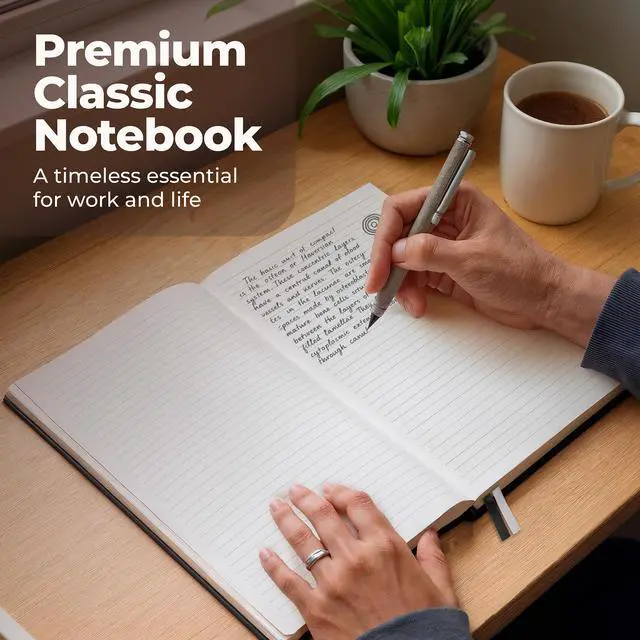 Alt view image 2 of 7 - Classic Lined Journal Notebook 8.5x11" A4 Hardcover Leather - Black - 200 Pages College Ruled Large with Sticky Tabs, Pockets, and Pen Loop for Writing and Journaling - Big Hardback Men and Women