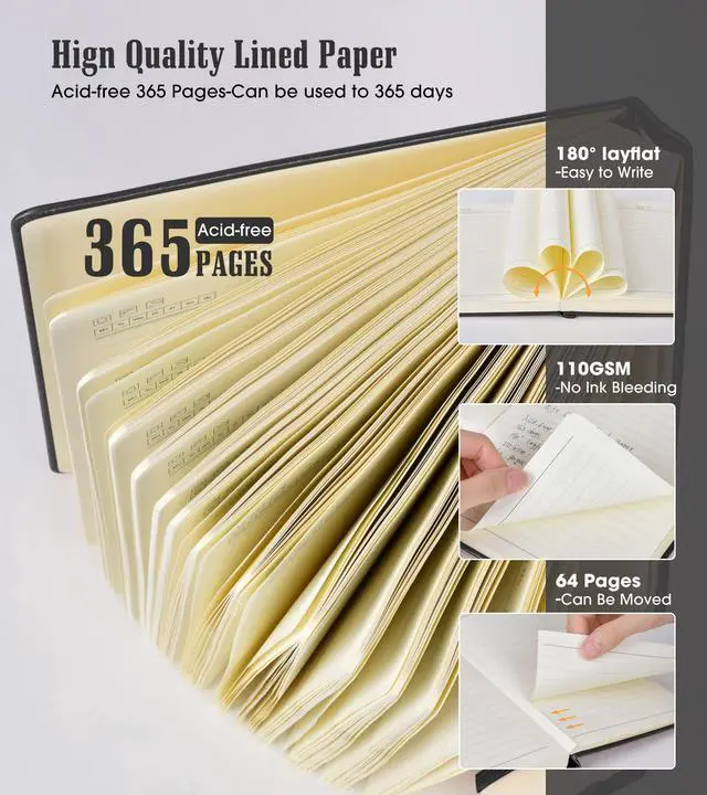 Alt view image 3 of 6 - Lined Journal Notebook, 365 Pages A4 Large Journals for Writing Ruled Notebook, Hardcover Leather Journal for Women Men, Daily Notebook for Work, Note Taking, 100Gsm Thick Paper (8.5" x 11" Blcak)