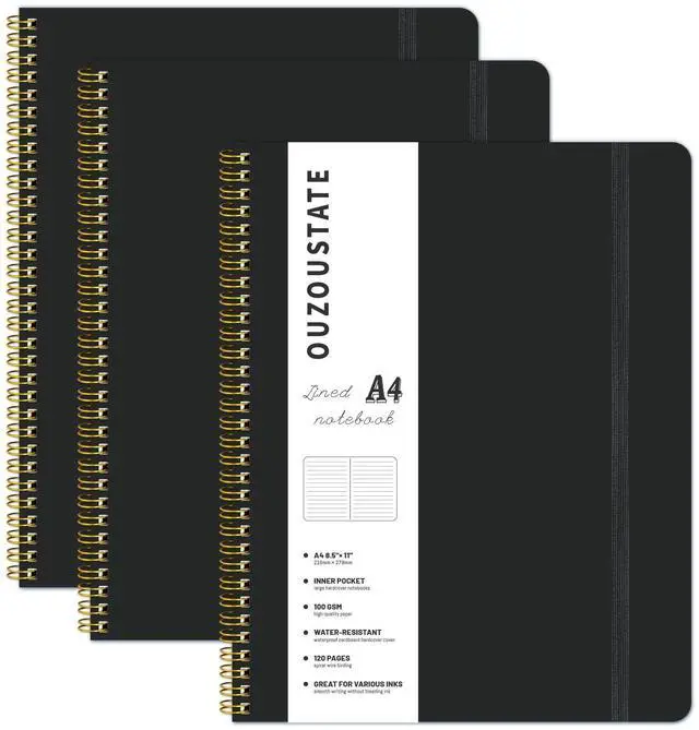 Main image of Lined Spiral Notebook A4 Hard Cover Notebook 8.5" x 11", Black College Ruled Notebook for Work, 120 Pages 100GSM Large Thick Paper Writing Journal for Women & Men