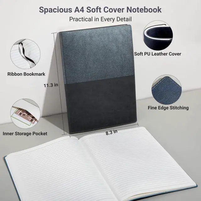 Alt view image 4 of 7 - College Ruled Notebook, A4 Color-Block Softcover PU Leather Notebook for Work, Lined Notebook Journal for Women & Men, 112 Pages, 100 GSM Thick Paper, Lay Flat, Large Notebooks for School, Black