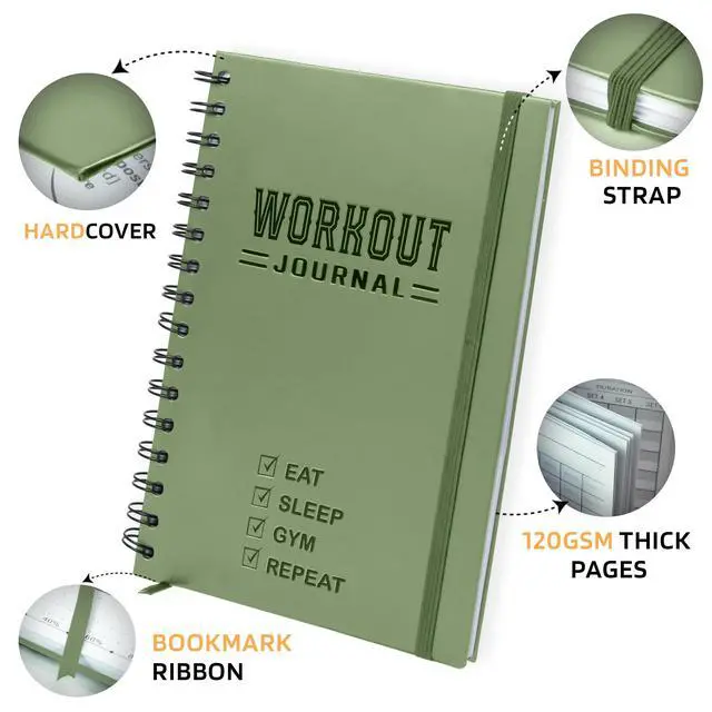 Alt view image 2 of 7 - Hardcover Fitness Journal Workout Planner for Men & Women - A5 Sturdy Workout Log Book to Track Gym & Home Workouts - Green