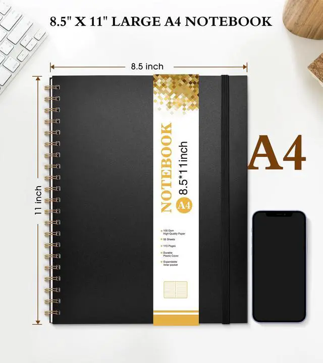 Alt view image 2 of 7 - Spiral Notebook Journal 8.5 x 11, A4 Large Notebooks for Women Men, College Ruled Lined Journal, 100 GSM Paper, Plastic Hardcover Spiral Bound Journals for Work School Note Taking Business, Black