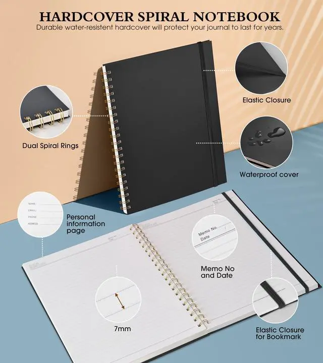 Alt view image 3 of 7 - Spiral Notebook Journal 8.5 x 11, A4 Large Notebooks for Women Men, College Ruled Lined Journal, 100 GSM Paper, Plastic Hardcover Spiral Bound Journals for Work School Note Taking Business, Black