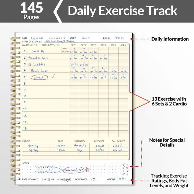 Alt view image 2 of 7 - Fitness Journal Workout Planner for Women & Men, A4 (8.5" x 11") Workout Journal Log Book Planner Gift for Track Gym Essentials, Home Workouts, Track Progress, Achieve Wellness Goals, Black