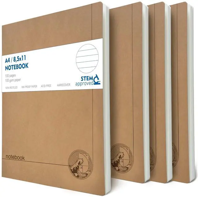 Main image of A4 Lined Notebook Set 4 Pack Rulled Paper Journals, 100 Pages, 100gsm, Lay Flat, Eco-Friendly, 8.5x11 Hardcover Look for School, Office & Students