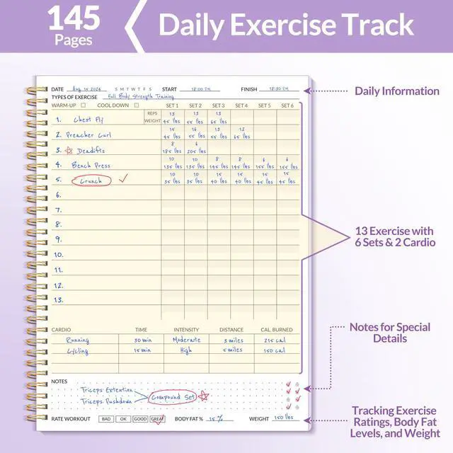 Alt view image 2 of 7 - Fitness Journal Workout Planner for Women & Men, A4 (8.5" x 11") Workout Journal Log Book Planner Gift for Track Gym Essentials, Home Workouts, Track Progress, Achieve Wellness Goals, Purple