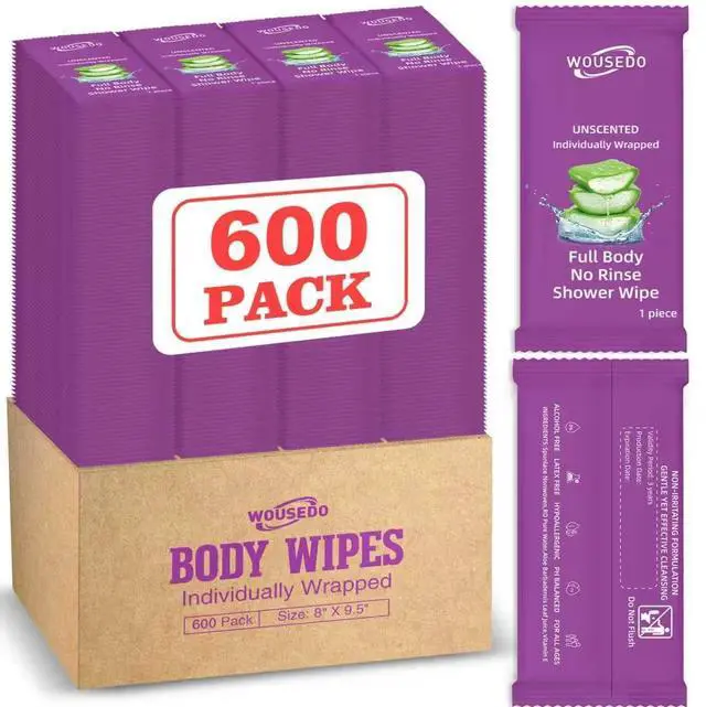 Main image of 600 Pack Body Wipes Individually Wrapped(8" x 9.5"),Shower Wipe for Adults Bathing No Rinse,Personal Cleansing Wipes for Travel Gym,Bulk Deodorant for Homeless